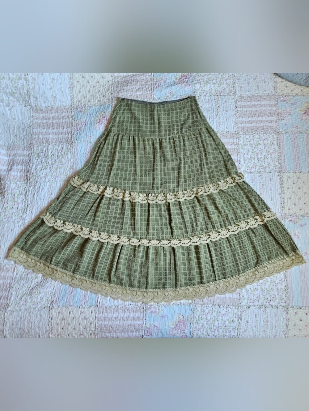 Olive Green Tiered A-Line Maxi Skirt with Lace Trim